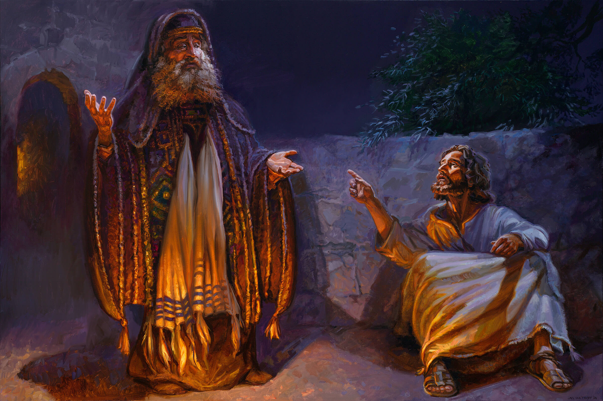 Nicodemus spreekt in het donker met Jezus.